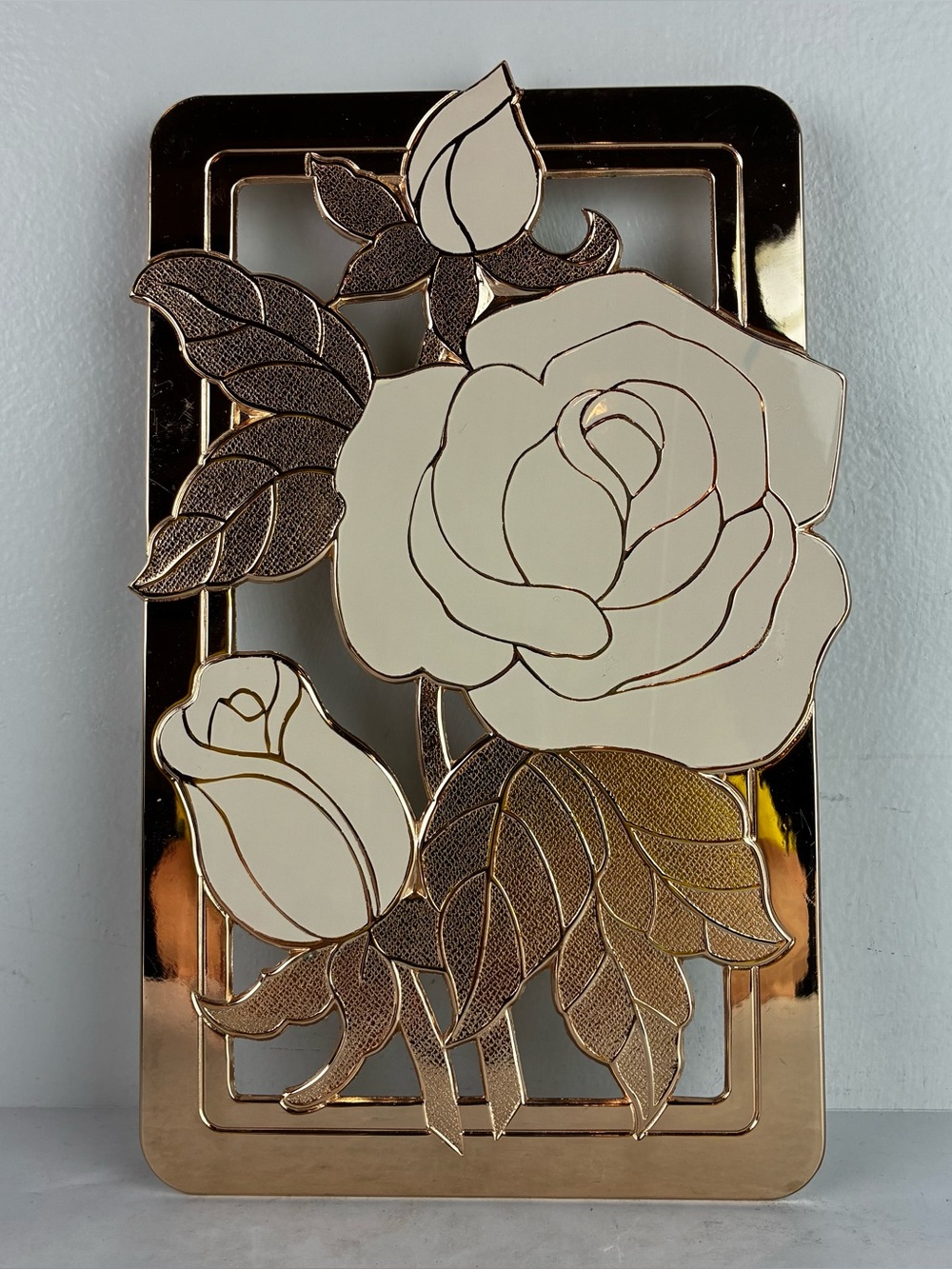 Wm. A. Rogers Ltd. Gold Tone & Off White Enamel Rose Trivet